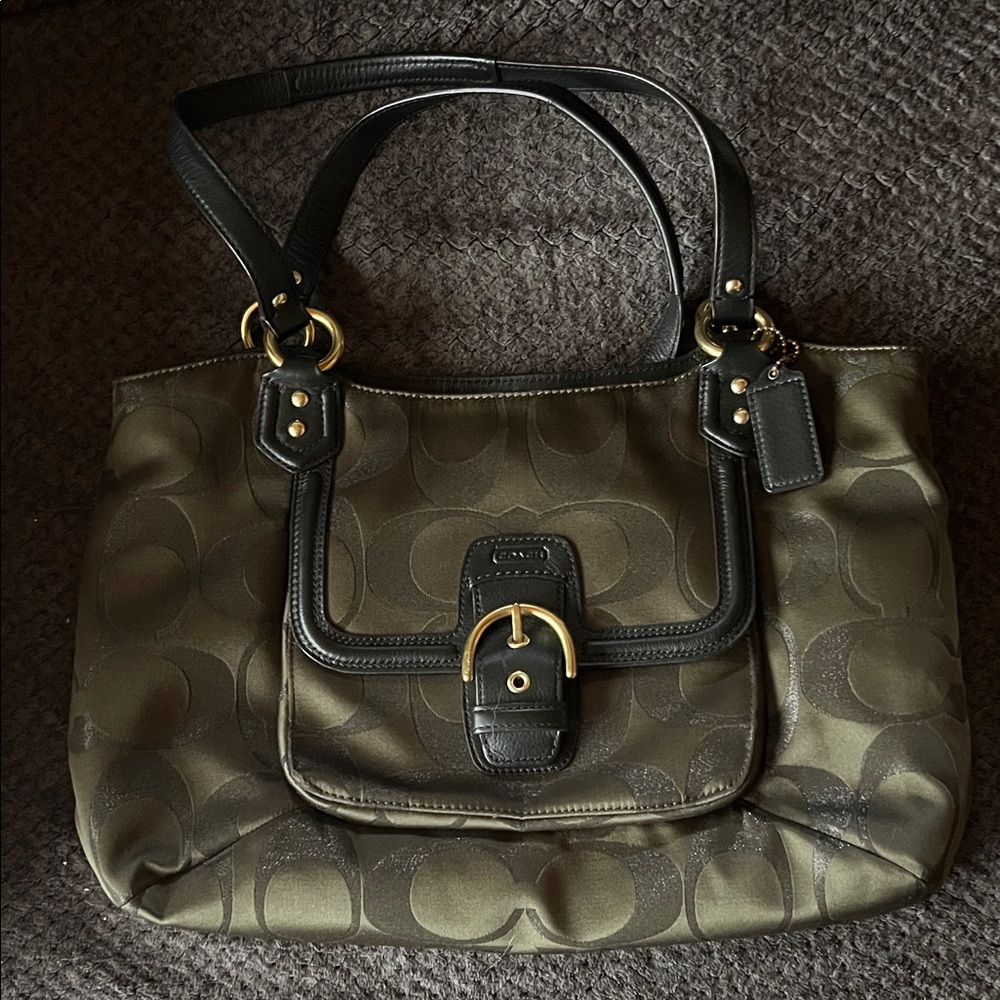 Coach Dark Olive Shoulder Bag with Black Accents